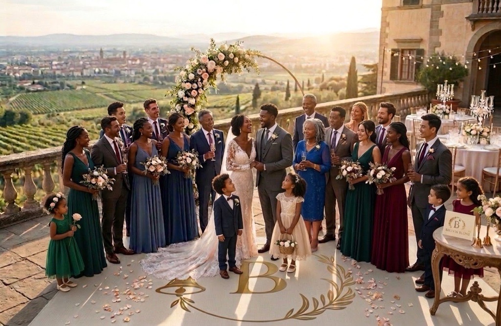 Wedding party celebrating together on a scenic outdoor terrace at golden hour